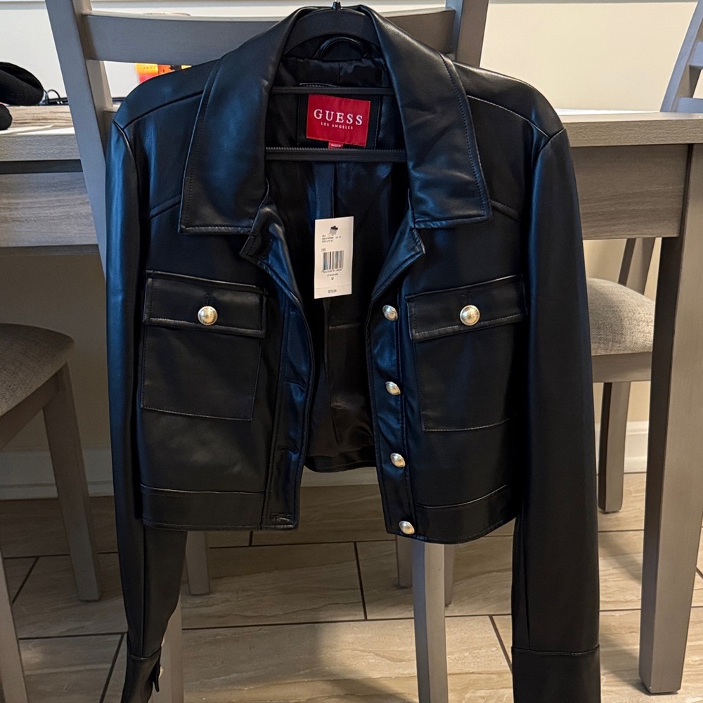 Guess Women's Black Leather Jacket with Button Accents